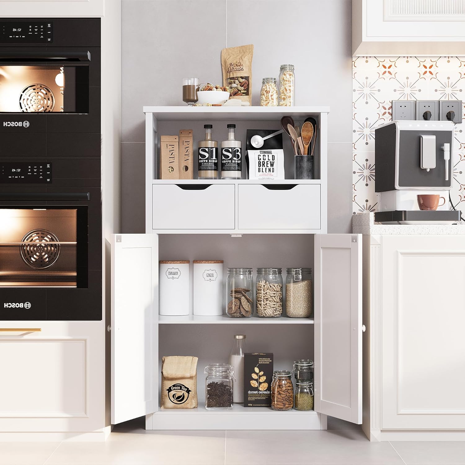 White Floor Storage Cabinet with Doors and Drawers and Adjustable Shelf Y7459