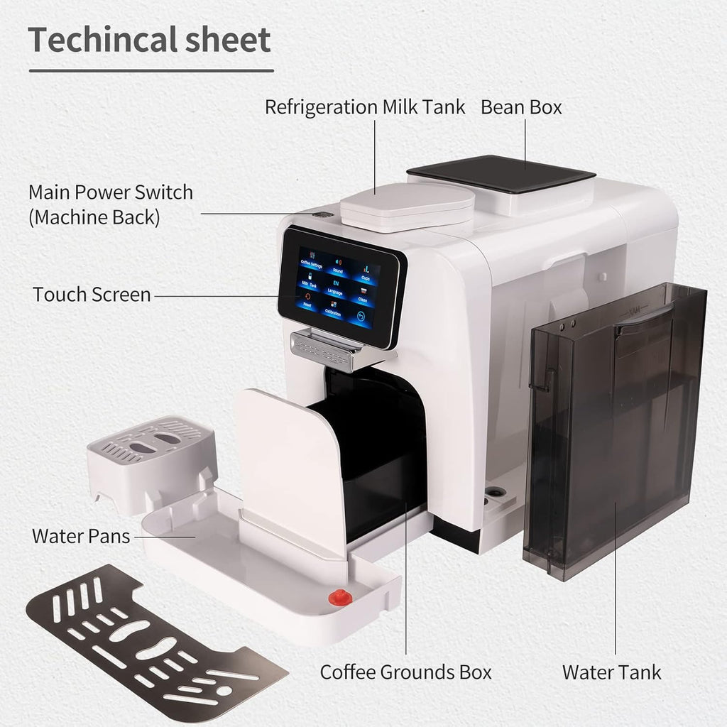 Super Automatic Espresso Coffee Machine with Milk Jug, Built-in Small Refrigerator, Controlled by WIFI Connection (White) C837