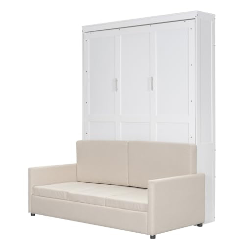 White Queen Size Wooden Murphy Bed with Cushion and Sofa Q89833