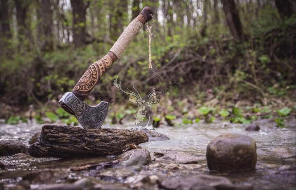 Forged Carbon Steel Viking Axe with Rose Wood Shaft T540781