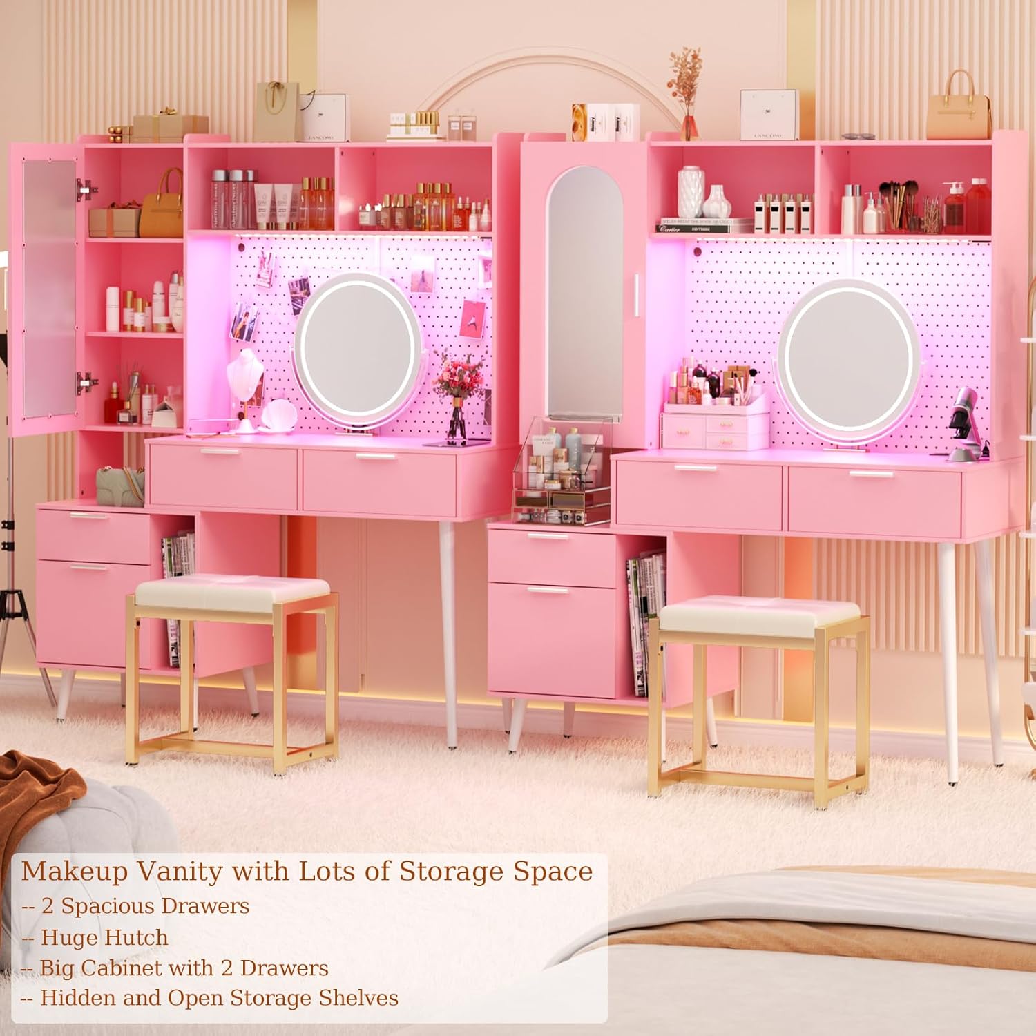48 Inch Pink Vanity Desk with Mirror, LED Light, Charging Station, Drawers, Cabinet, Pegboard, Shelves, Storage Hutch A1405