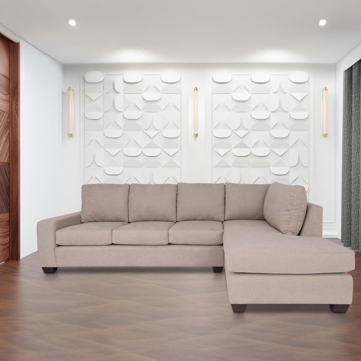 Tan Polyester Nylon L Shaped Sectional Sofa with Solid Wood Frame Q5220