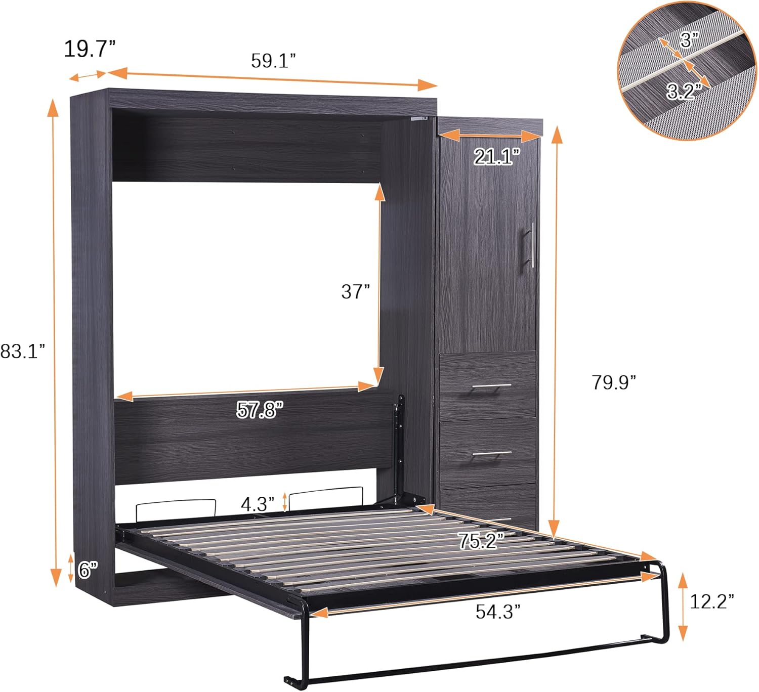 Gray Full Size Murphy Bed with Wardrobe and 3 Drawers T853257