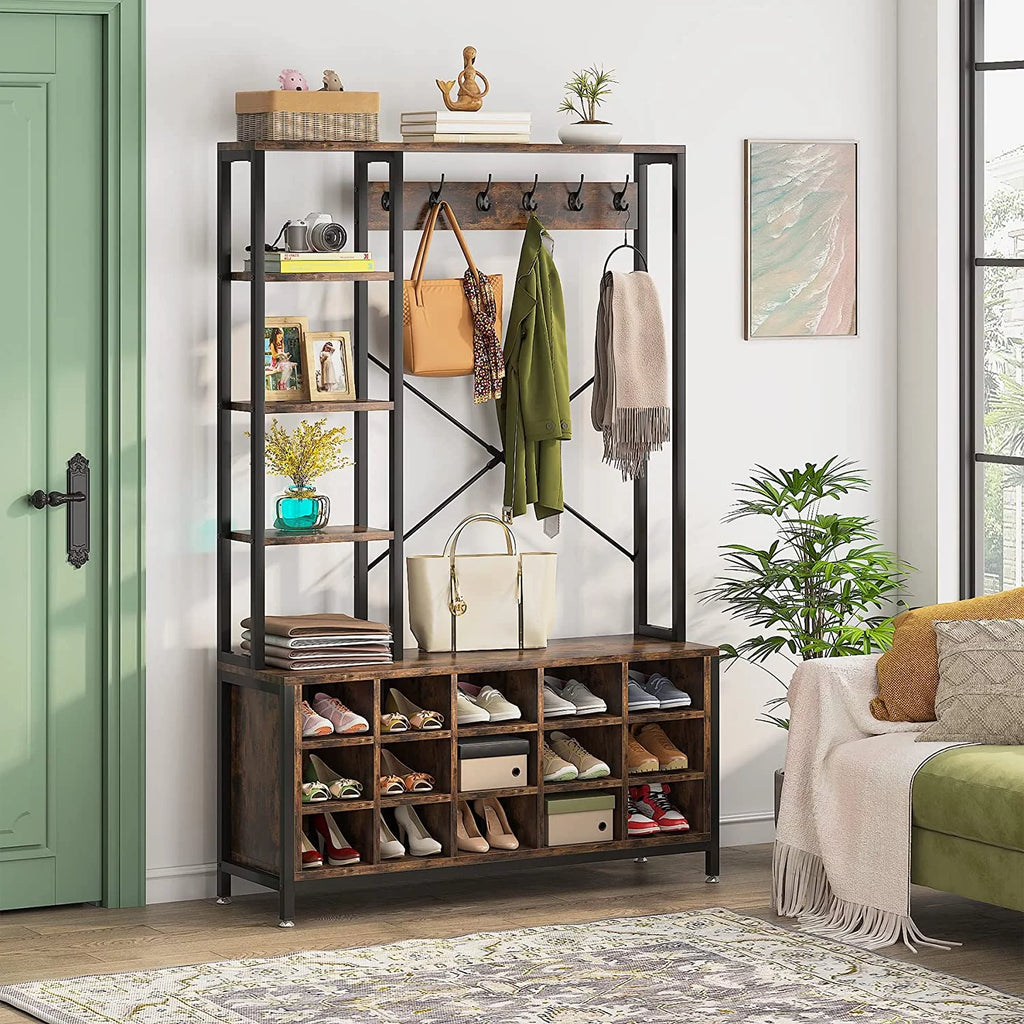 Industrial Hall Tree with Bench and Shoe Storage and Coat Rack P3012