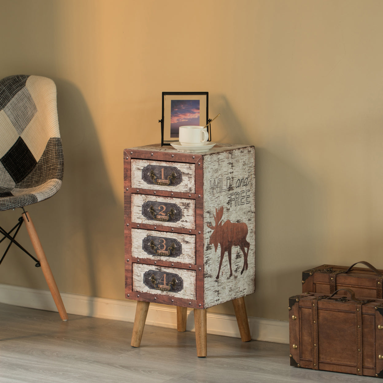 Antique Rustic Brown Wood Tallboy Chest with 4 Drawers P9862