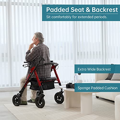 Heavy Duty All-Terrain Rollator Walker with Extra Wide Padded Seat and Backrest, 10" Non-Pneumatic Wheels, Red O17745
