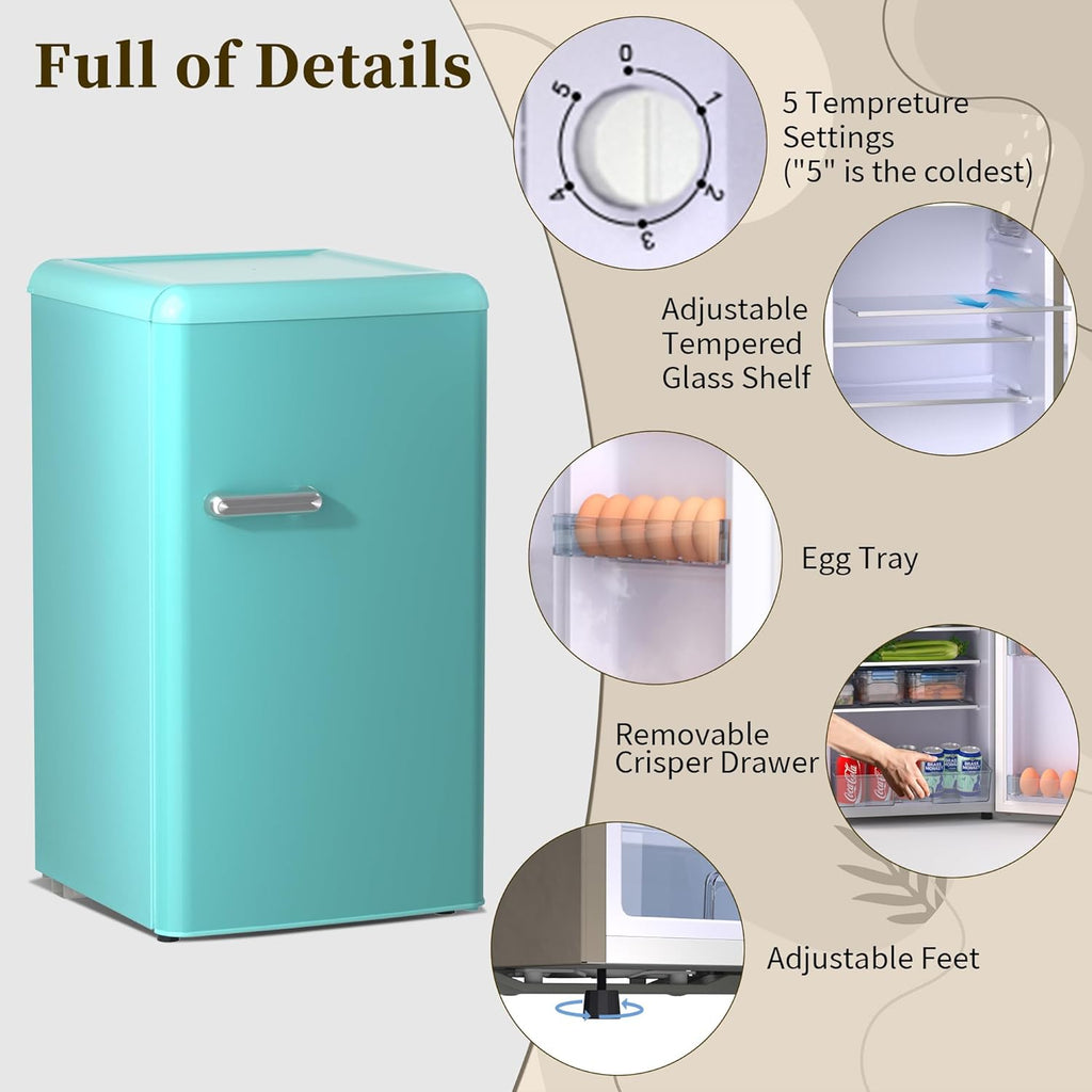 Retro Mini Fridge with Freezer 3.6 Cu.Ft. Single Door Blue I946