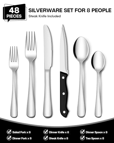 48-Piece Stainless Steel Hammered Silverware Set with Steak Knives A337