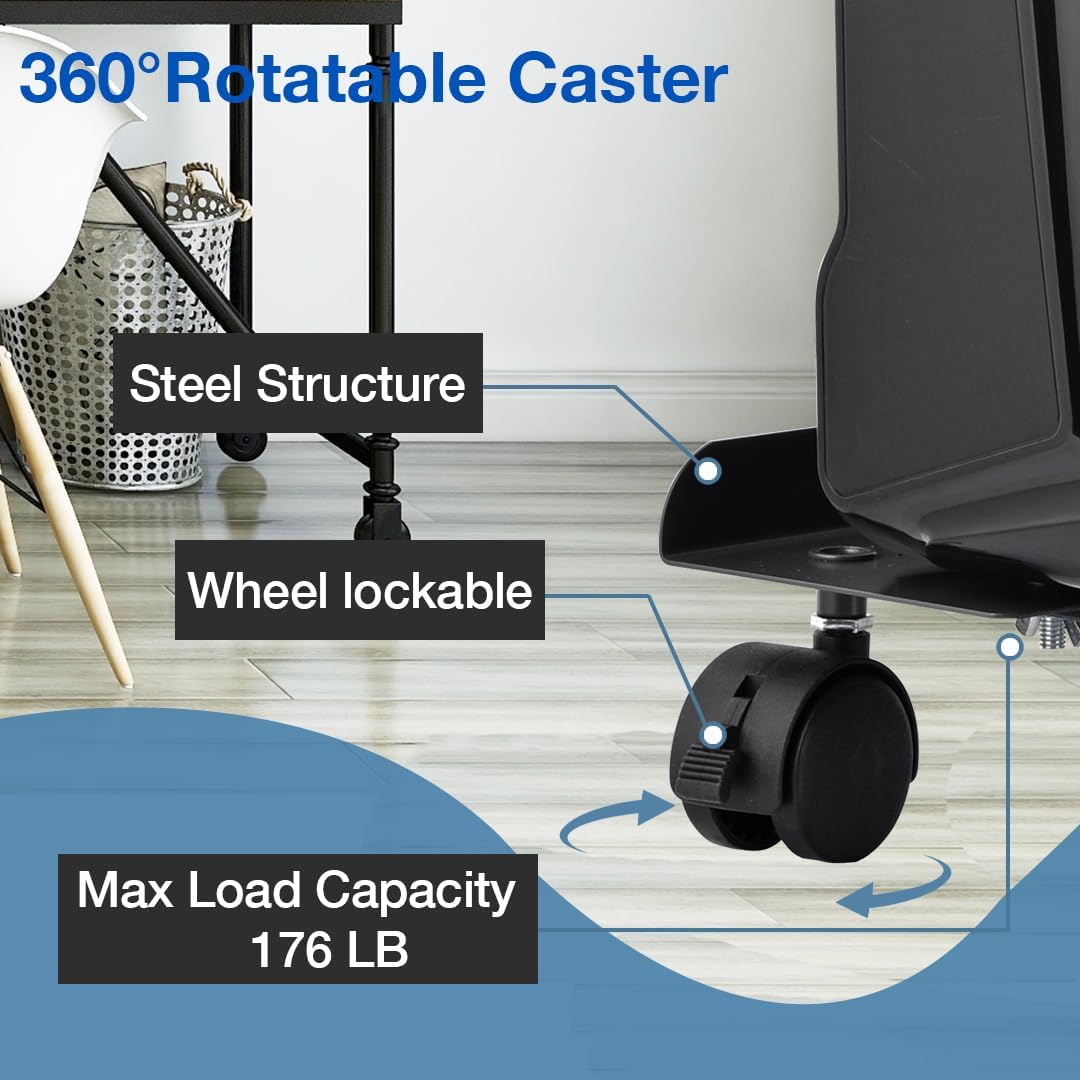 Black Adjustable Steel PC Tower Stand with 4 Locking Caster Wheels O1619