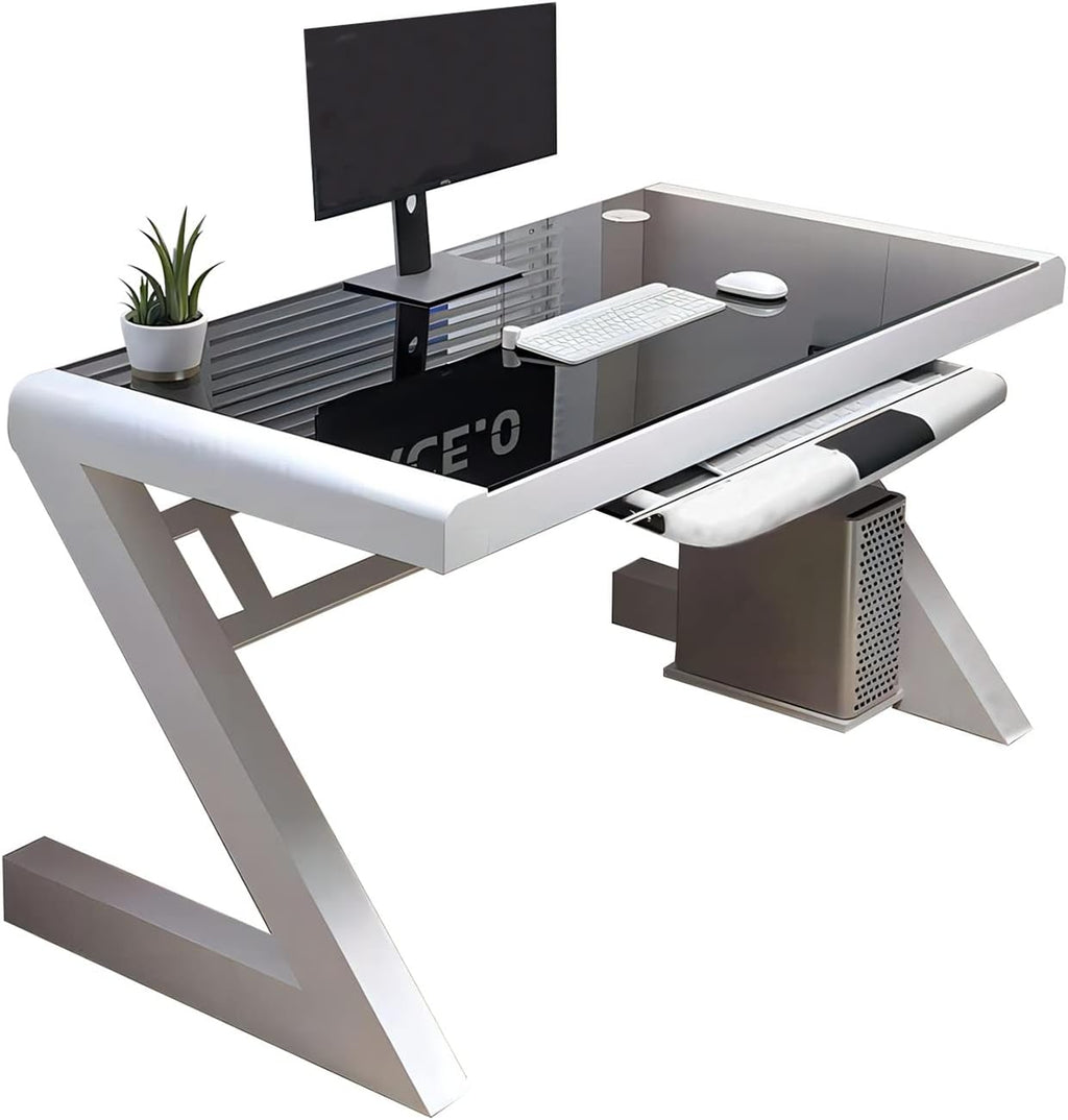 Black+White Tempered Glass Computer Desk with Keyboard Tray T582