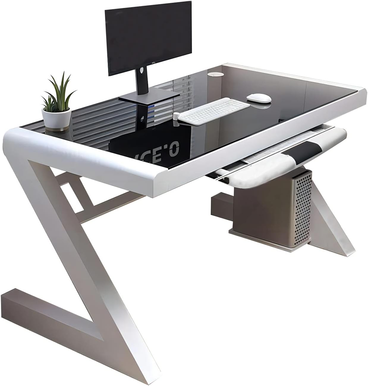 Black+White Tempered Glass Computer Desk with Keyboard Tray T582