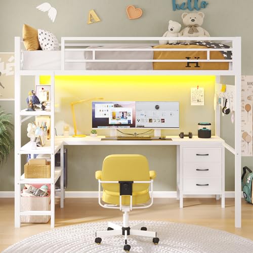 Twin Metal Loft Bed with L-Shaped Desk, LED Lights, Charging Station, Fabric Drawers & Shelves, White O61100