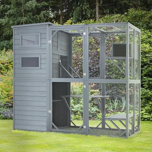 Large 4 Tiers Cat Enclosure with Weatherproof Roof, Grey Green K4460