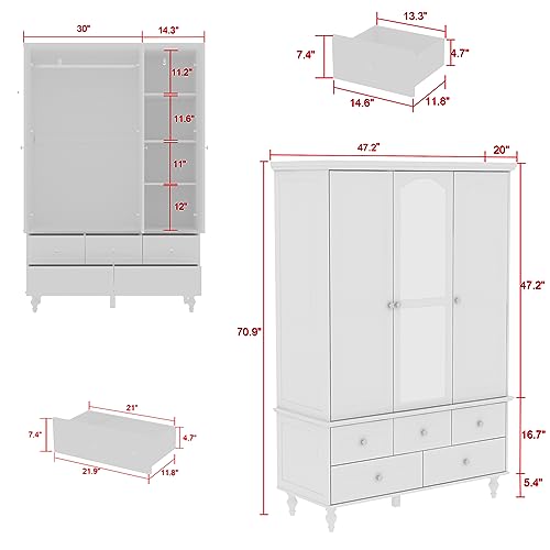 White 3 Door Wardrobe with Mirror and 5 Drawers R526953