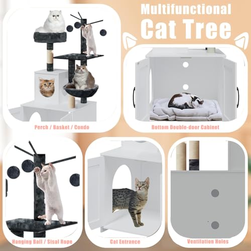 Grey Wood Cat Tree with Litter Box Enclosure A89987