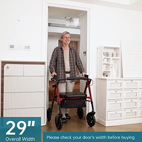 Heavy Duty All-Terrain Rollator Walker with Extra Wide Padded Seat and Backrest, 10" Non-Pneumatic Wheels, Red O17745