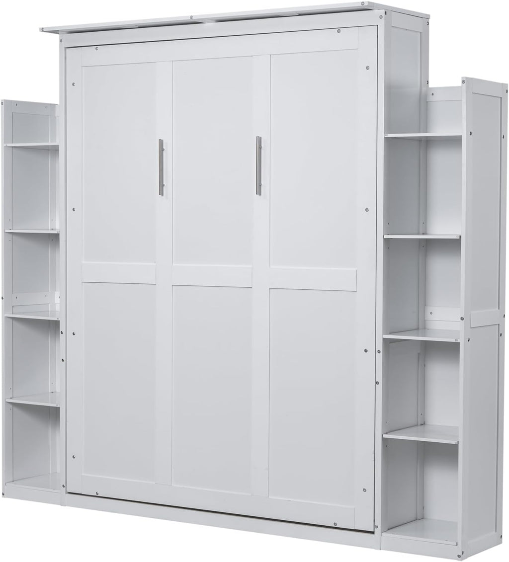 White Queen Size Wooden Murphy Bed with Shelves and LED Lights Z360166