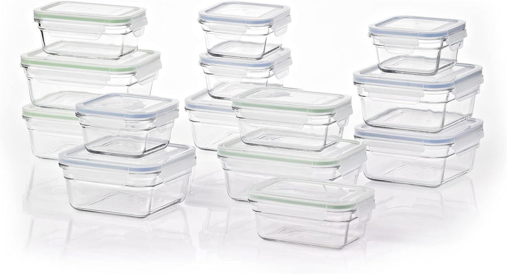 28-Piece Oven, Freezer and Microwave-Safe Stackable Glass Food Storage Container Set with Latching Lids O712