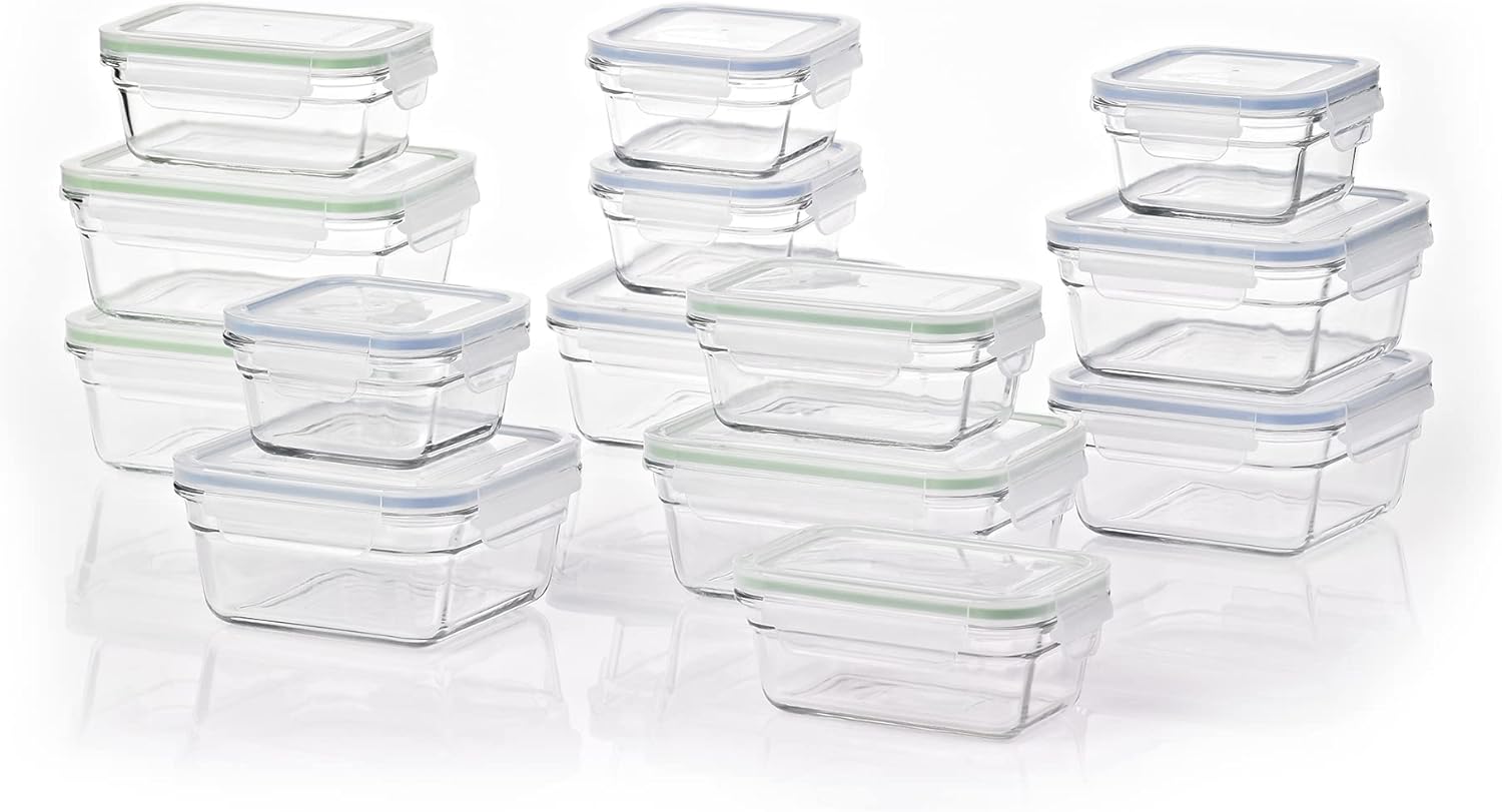 28-Piece Oven, Freezer and Microwave-Safe Stackable Glass Food Storage Container Set with Latching Lids O712