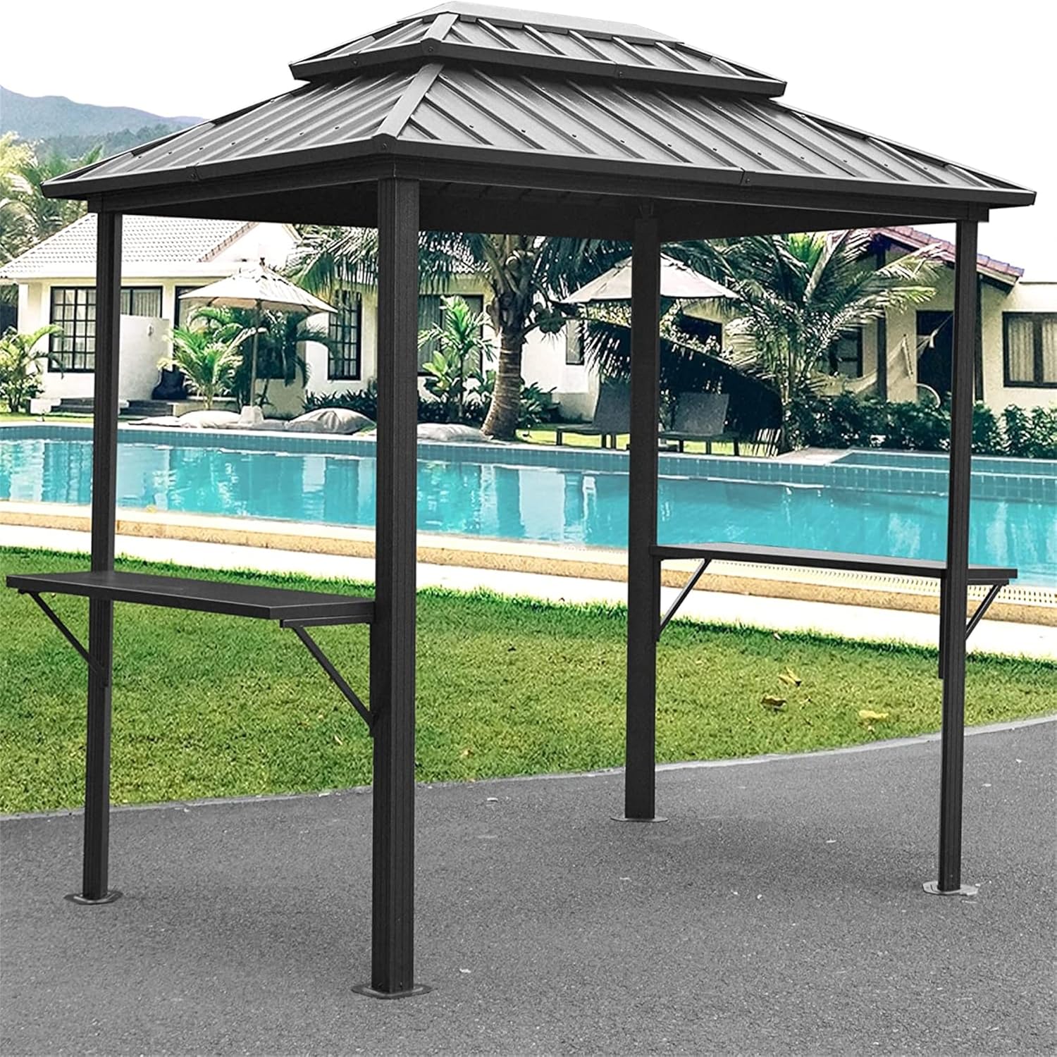 Gray 8x6FT Outdoor Aluminum Hardtop Grill Gazebo with Double Roof W6859