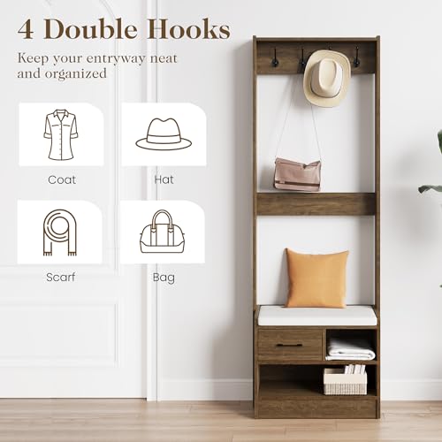 White Wood Hall Tree with Bench and Coat Rack C7381