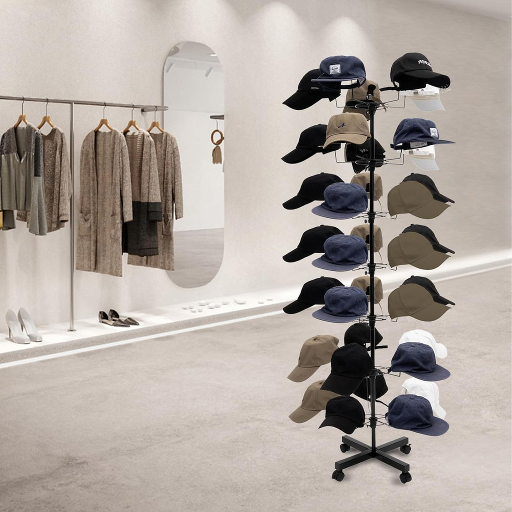 7 Tier Rotating Hat Display Stand with 4 Wheels, Adjustable Metal Hat Stand, 35 Metal Hooks, Black P438591
