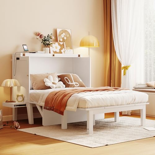 Full Size Murphy Bed with Desk, USB Port, and Shelves, White Wood Frame J83739