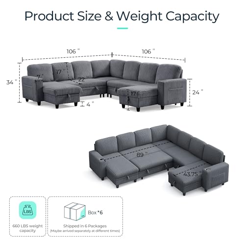 Grey Corduroy Sectional Sleeper Sofa with Pull Out Bed and Storage Chaise S505934