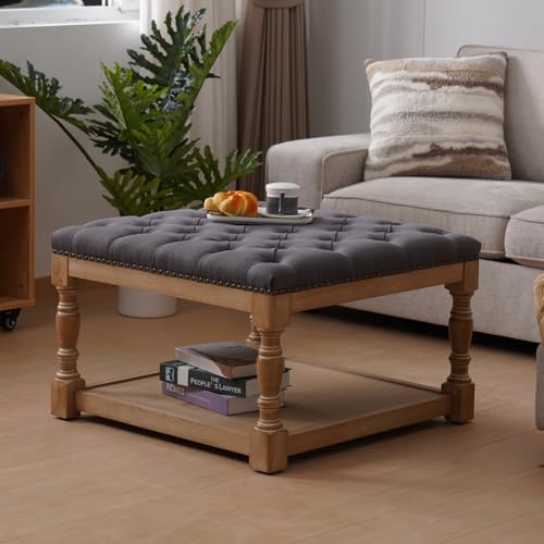 33-inch Large Square Ottoman Coffee Table with Storage Shelf and Solid Wood Legs Button Tufted Upholstered Linen Ottoman Stool (Beige) F1826