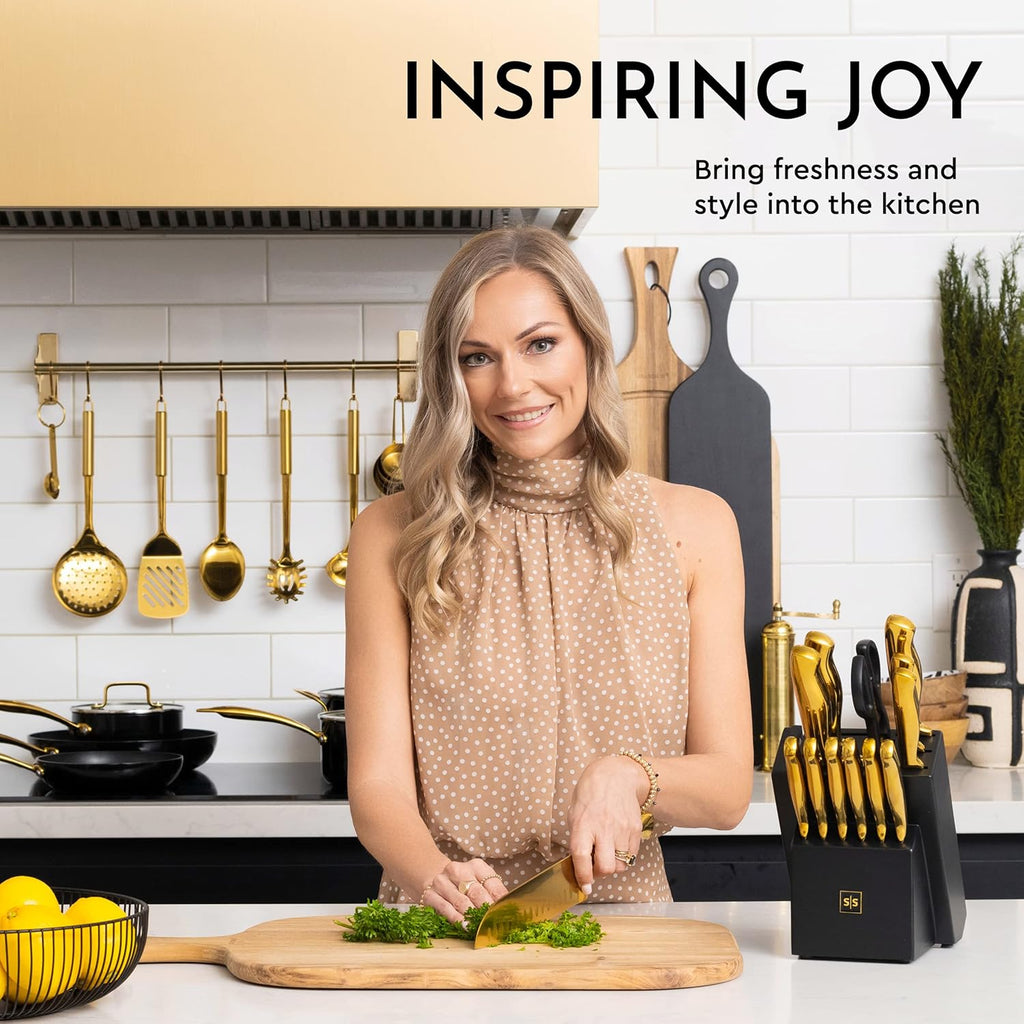 19 Piece Black and Gold Knife Set with Block Self Sharpening and Cooking Utensils Set K3755