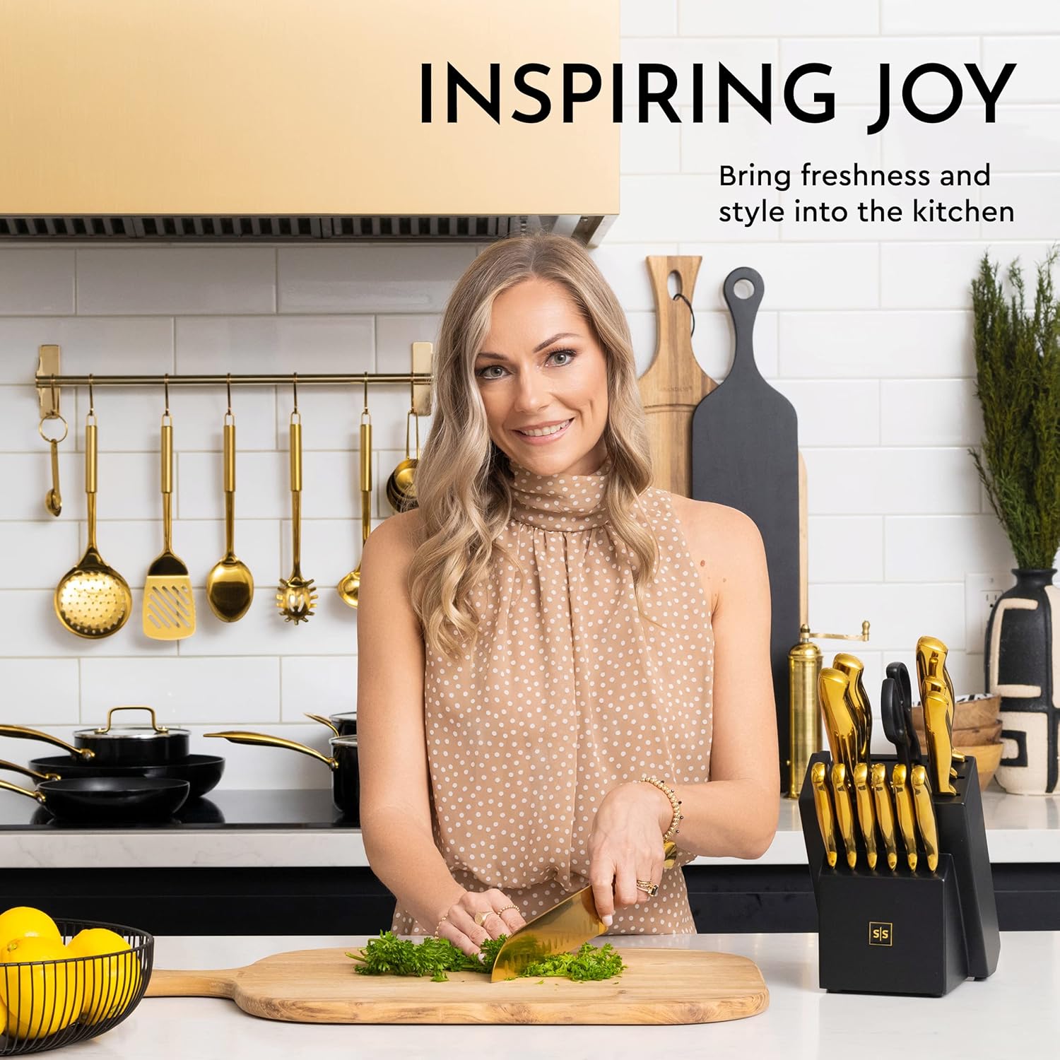 19 Piece Black and Gold Knife Set with Block Self Sharpening and Cooking Utensils Set K3755