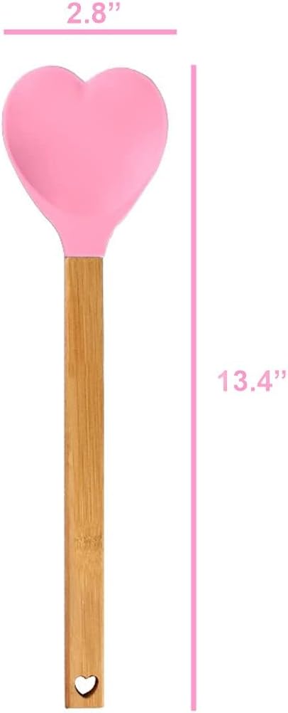 Pink Heart shaped silicone spatula with bamboo handle W10557