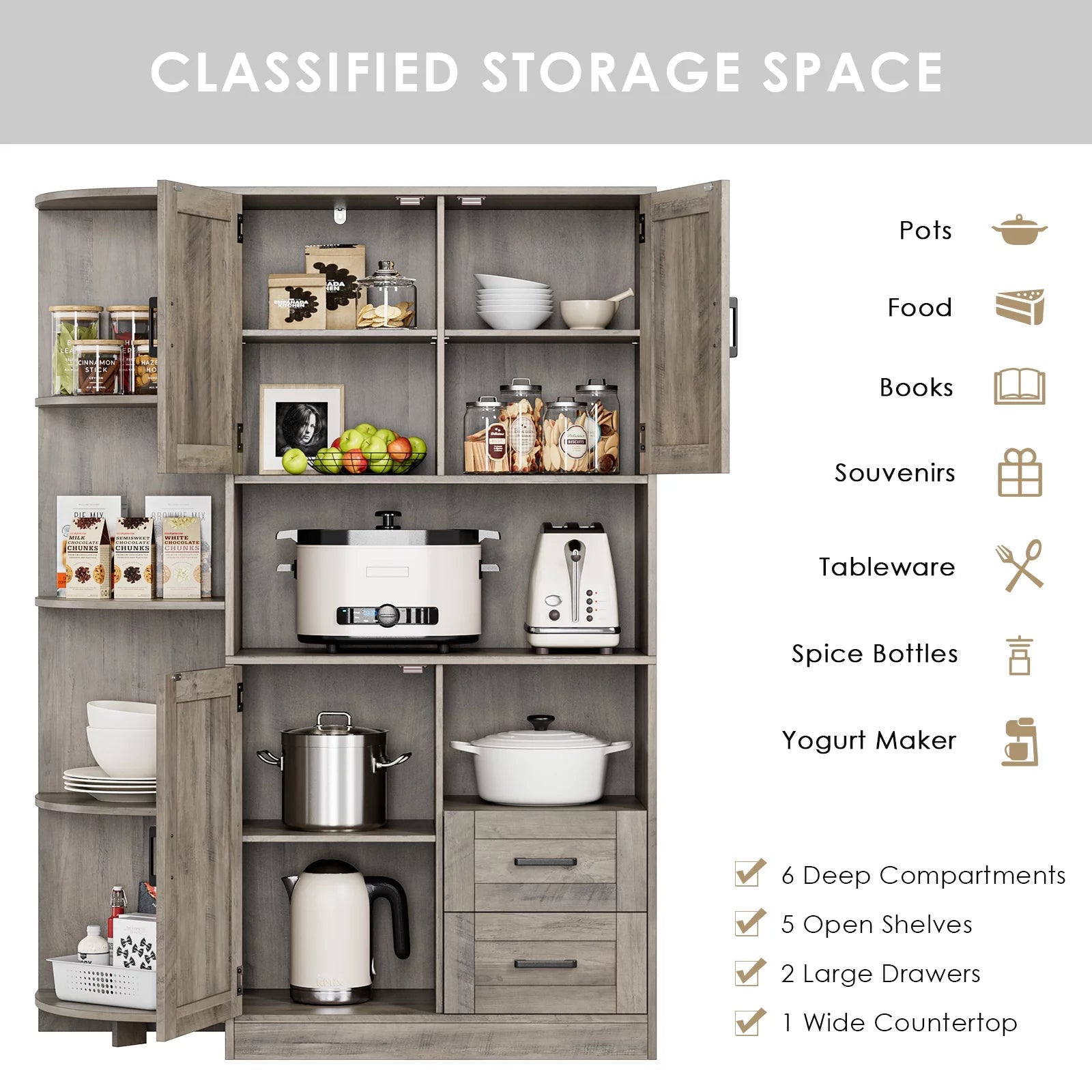 Large Kitchen Pantry with Adjustable Shelves, Tall Storage Cabinet, Wash Gray B22765