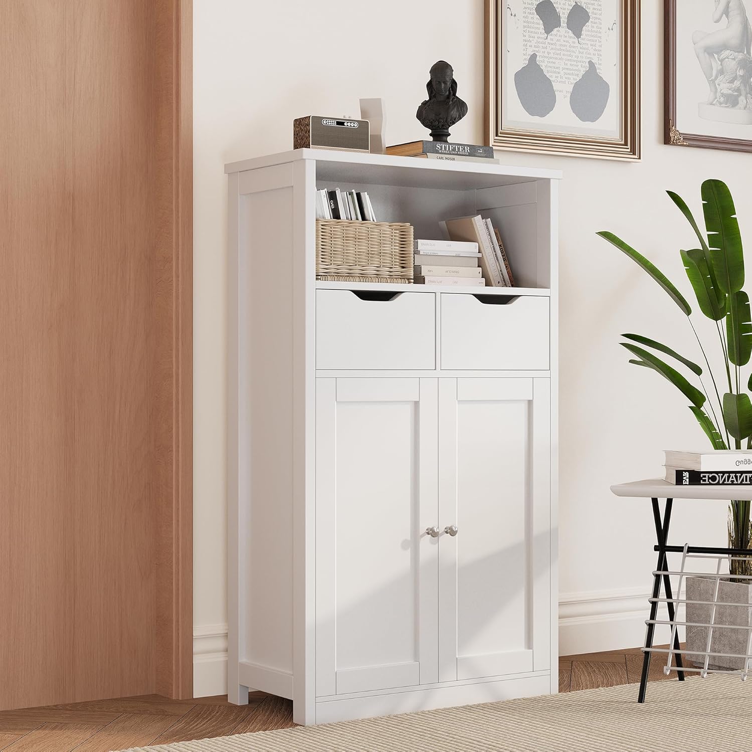 White Floor Storage Cabinet with Doors and Drawers and Adjustable Shelf Y7459