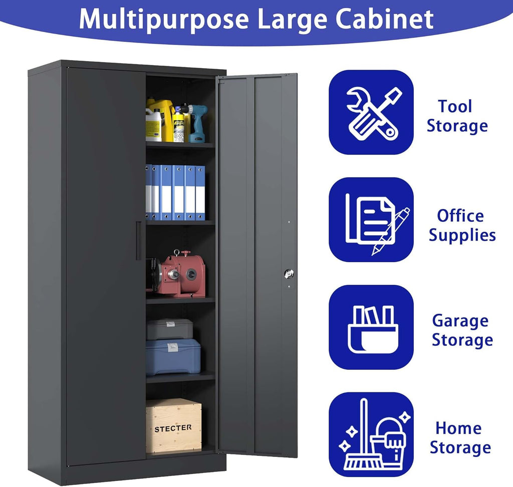 Black Metal Garage Storage Cabinet with Doors and 4 Shelves N9312