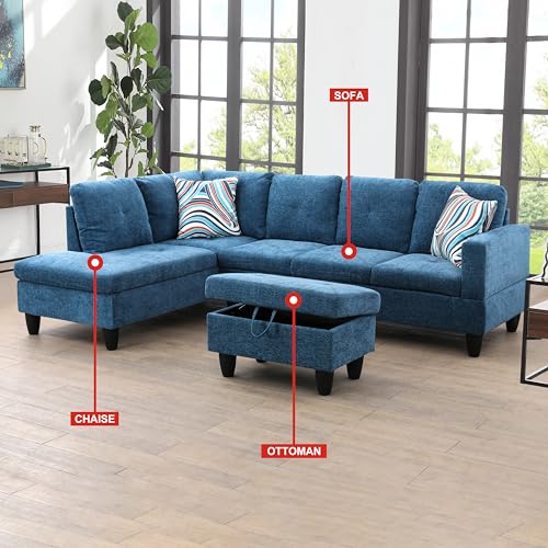 Red 3-Piece 4 Seat L Shaped Fabric Couch with Storage Ottoman P981538