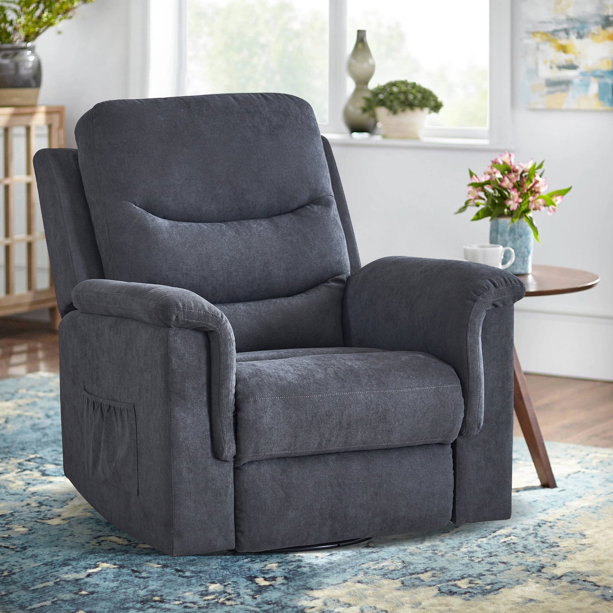 Grey Velvet Manual Swivel Rocker Recliner Chair E757