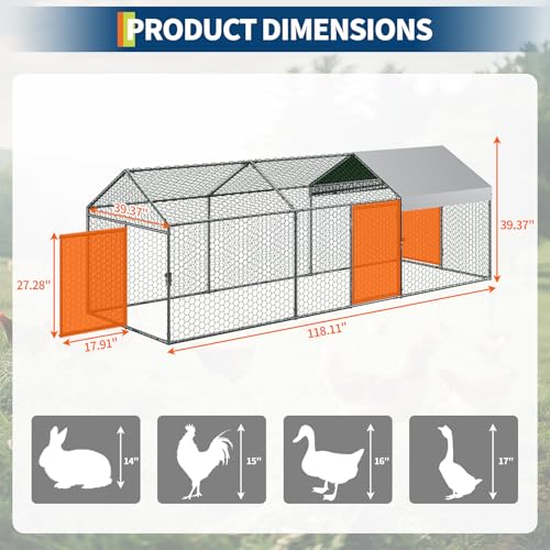 Large Metal Chicken Coop, 120" x 40" x 40" with Cover, 3 Lockable Doors S818272
