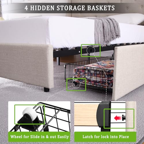 Full Size Upholstered Platform Bed with Button Tufted Storage Headboard and 4 Storage Drawers D33693