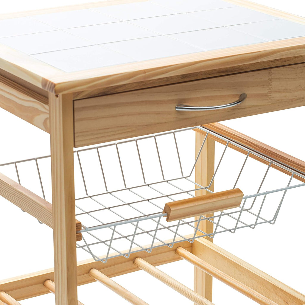 Natural Pinewood Mobile Kitchen Cart with Tile Top V795087