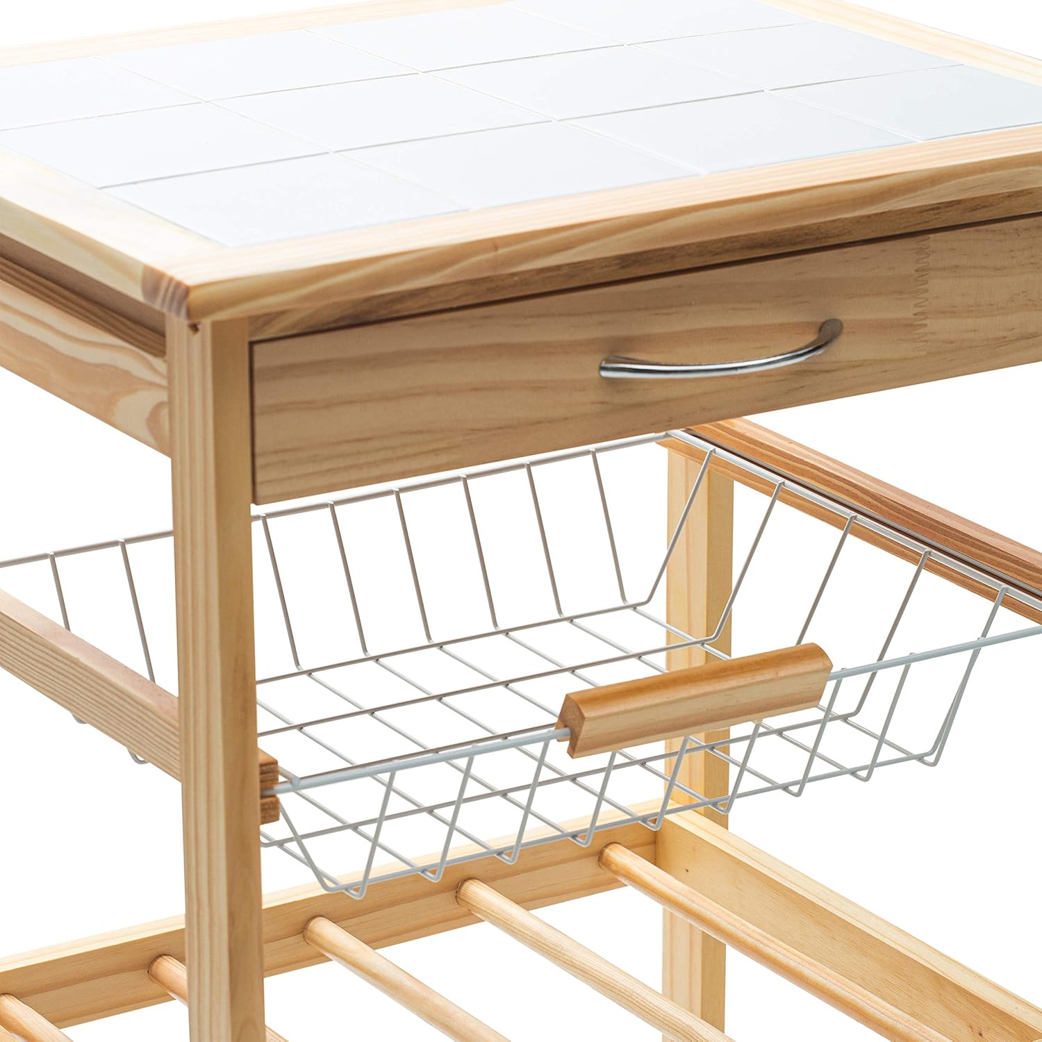 Natural Pinewood Mobile Kitchen Cart with Tile Top V795087