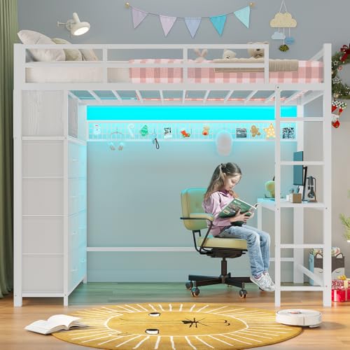 Twin Size Metal Loft Bed with Desk and 8 Storage Drawers, White H9393