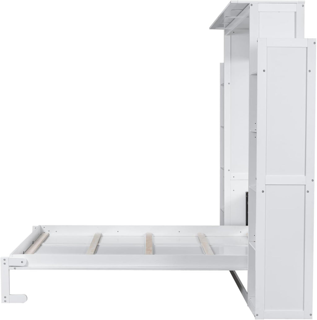 White Queen Size Wooden Murphy Bed with Shelves and LED Lights Z360166