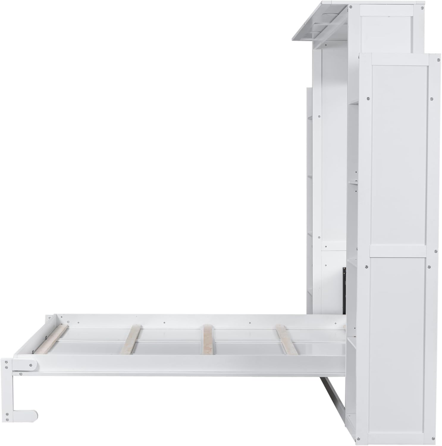 White Queen Size Wooden Murphy Bed with Shelves and LED Lights Z360166