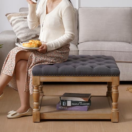 33-inch Large Square Ottoman Coffee Table with Storage Shelf and Solid Wood Legs Button Tufted Upholstered Linen Ottoman Stool (Beige) F1826