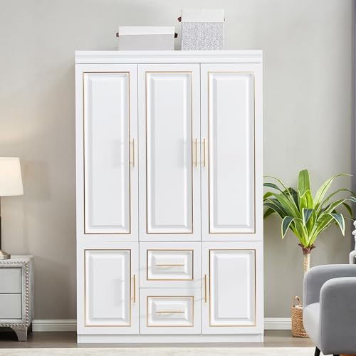 White Wood Storage Closet with Doors and Hanging Rod I83823