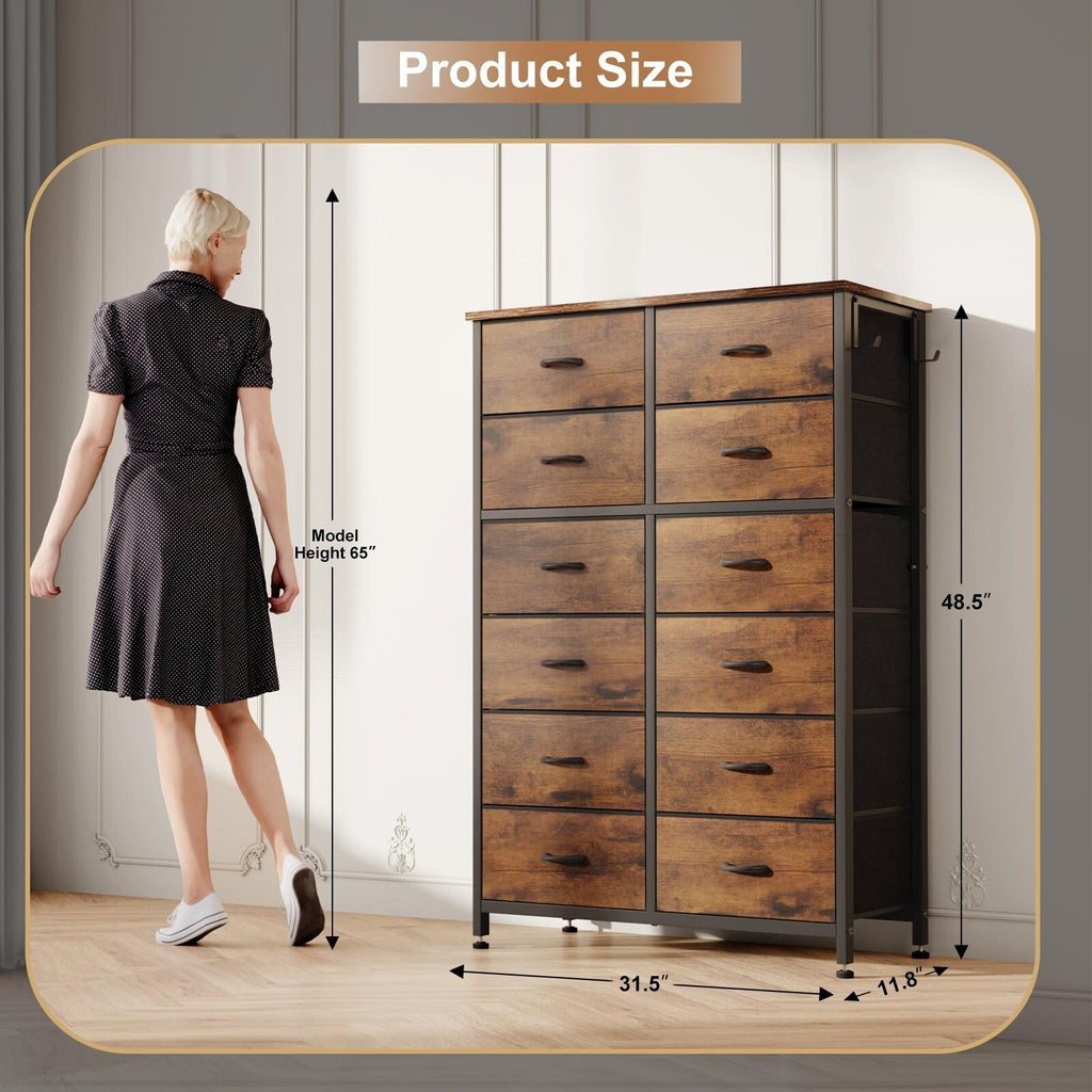 12 Drawer Tall Fabric Dresser Rustic Brown F733
