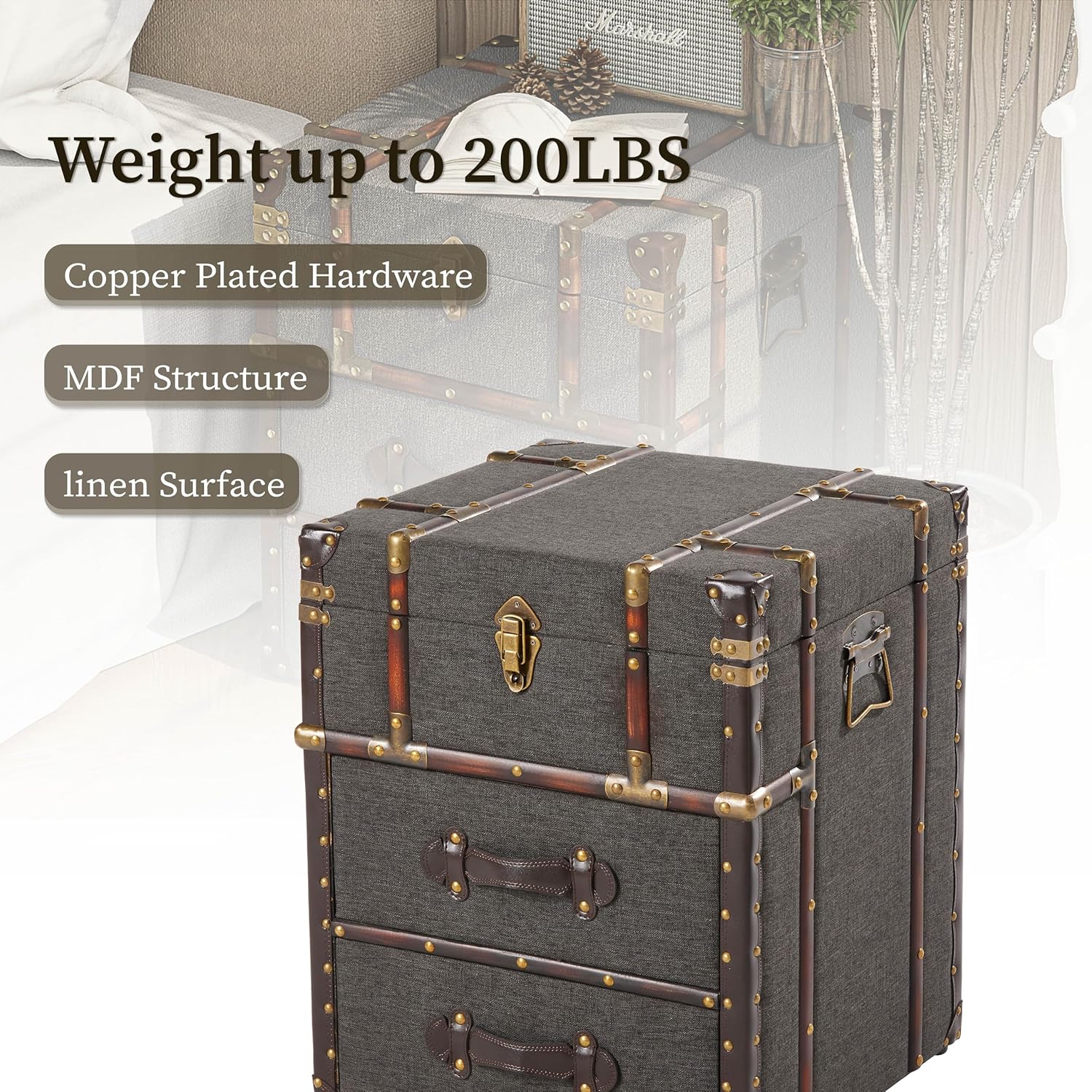 Grey Linen Storage Chest with Hinged Top J62841