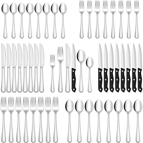 48-Piece Stainless Steel Hammered Silverware Set with Steak Knives A337