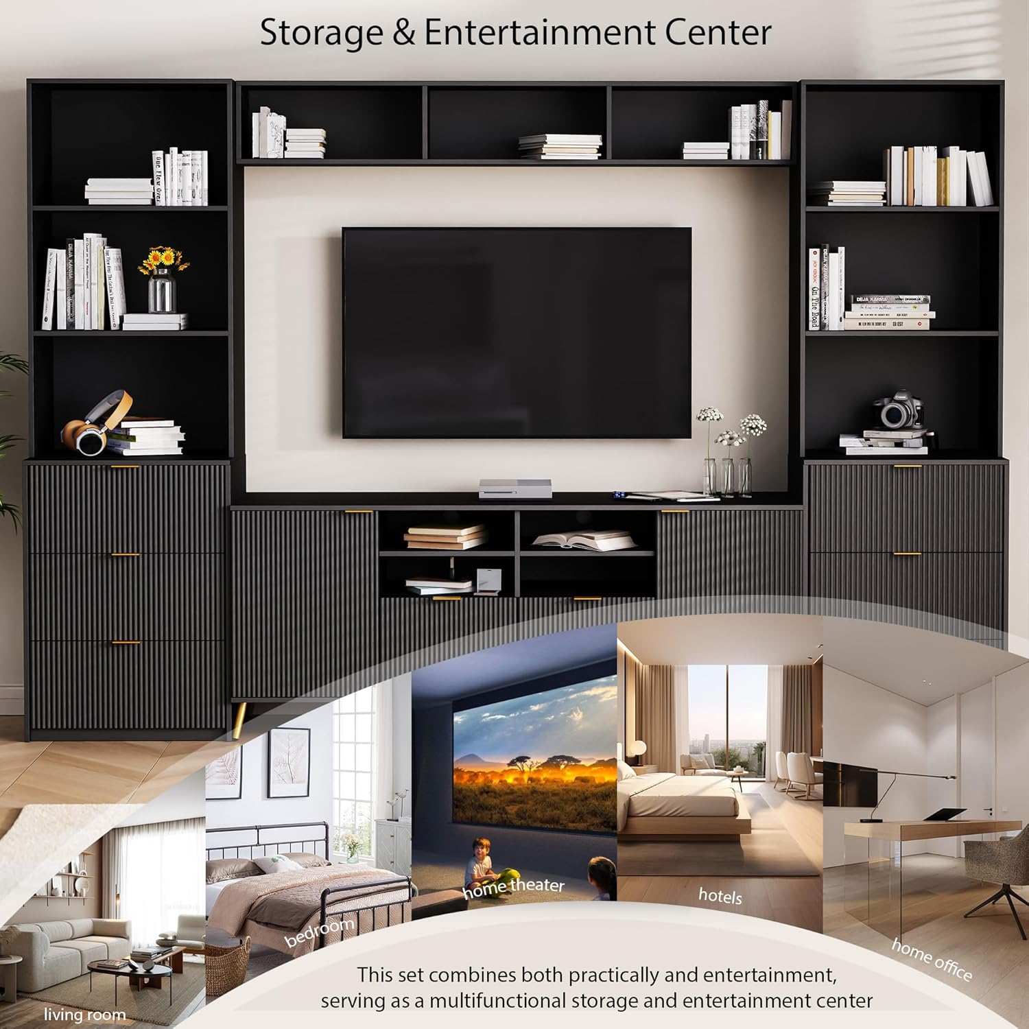 Black 4-Piece TV Stand with 13 Shelves, 8 Drawers and 2 Cabinets P58347